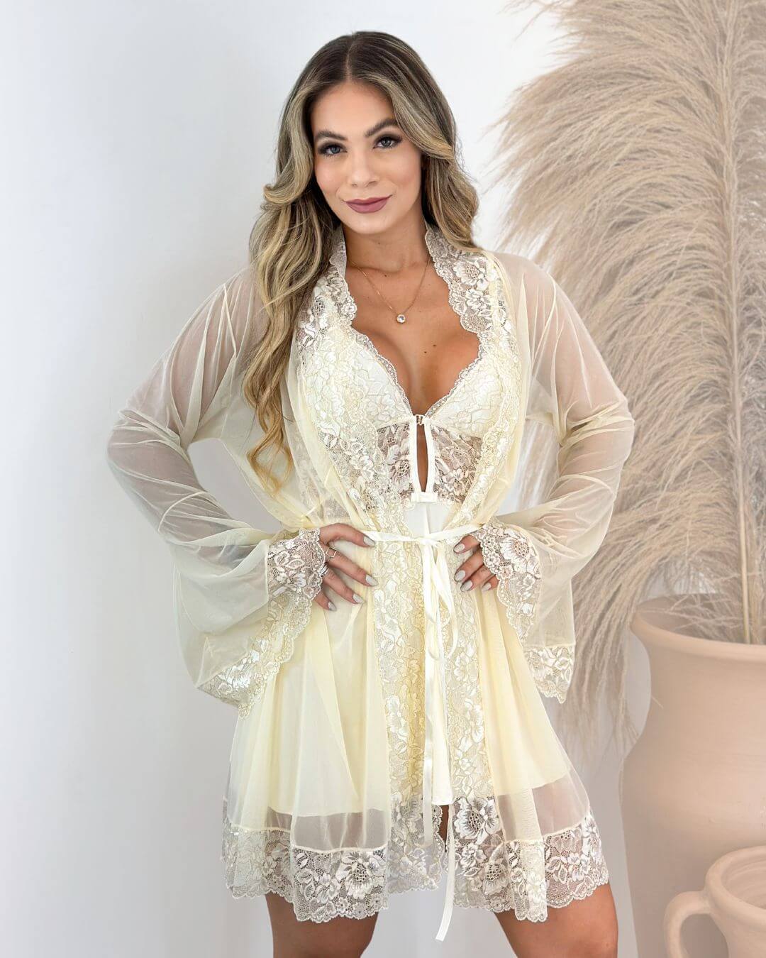 Conjunto J’adore Camisola + Calcinha + Robe em Tule e Renda
